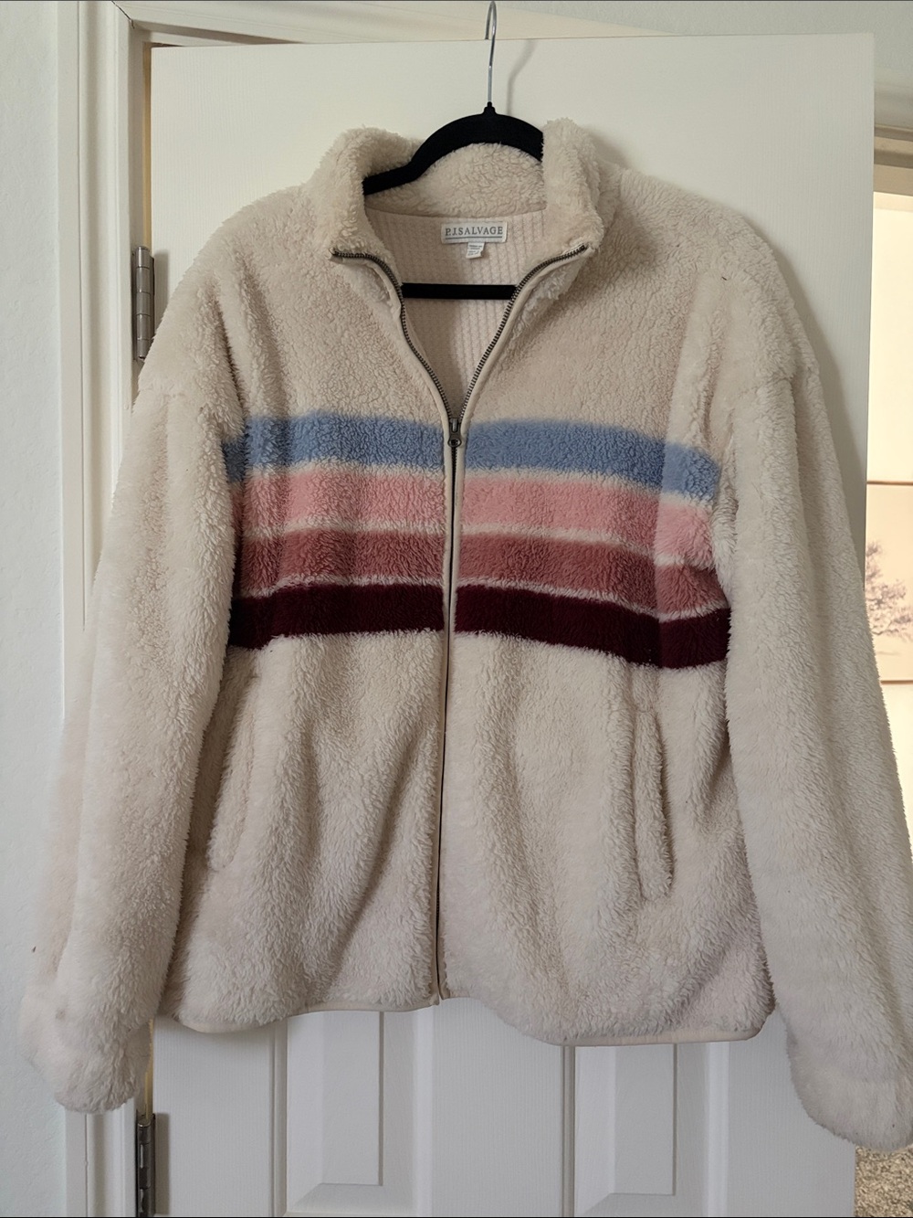 P.J. Salvage Cream Sherpa Zip Jacket with Blue, Pink and Burgundy Stripes